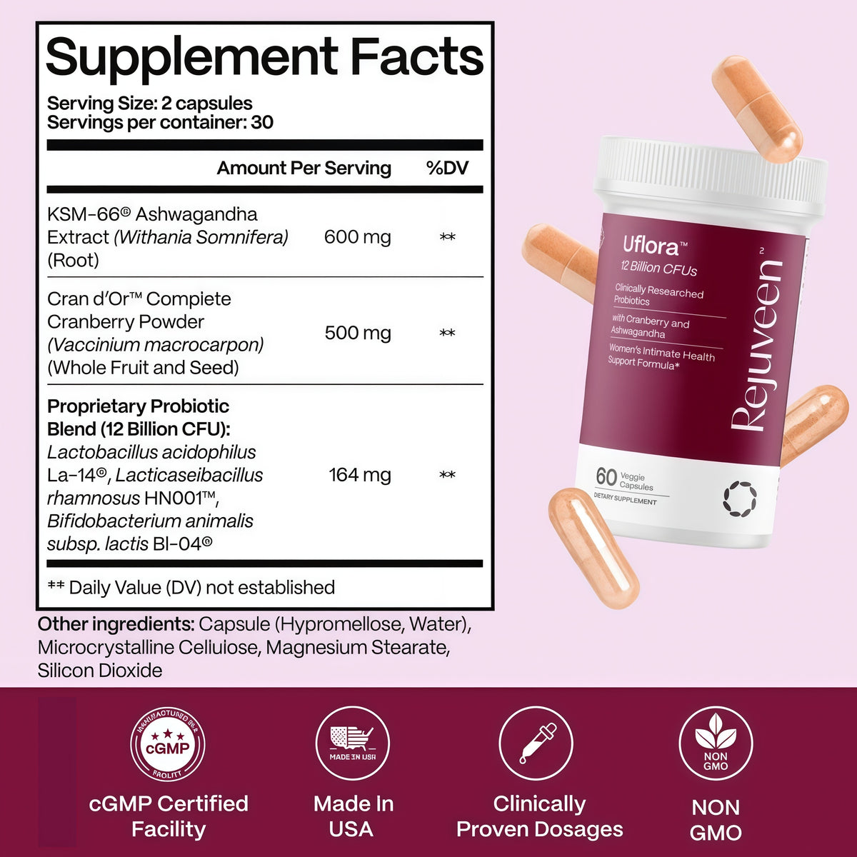 Uflora Vaginal Probiotics | Womens Probiotic, Supports Vaginal Health, Moisture & Yeast | Enhances Intimate Wellness | Clinically Proven Dosages | Probiotics, Cranberry, Ashwagandha | 60 Ct
