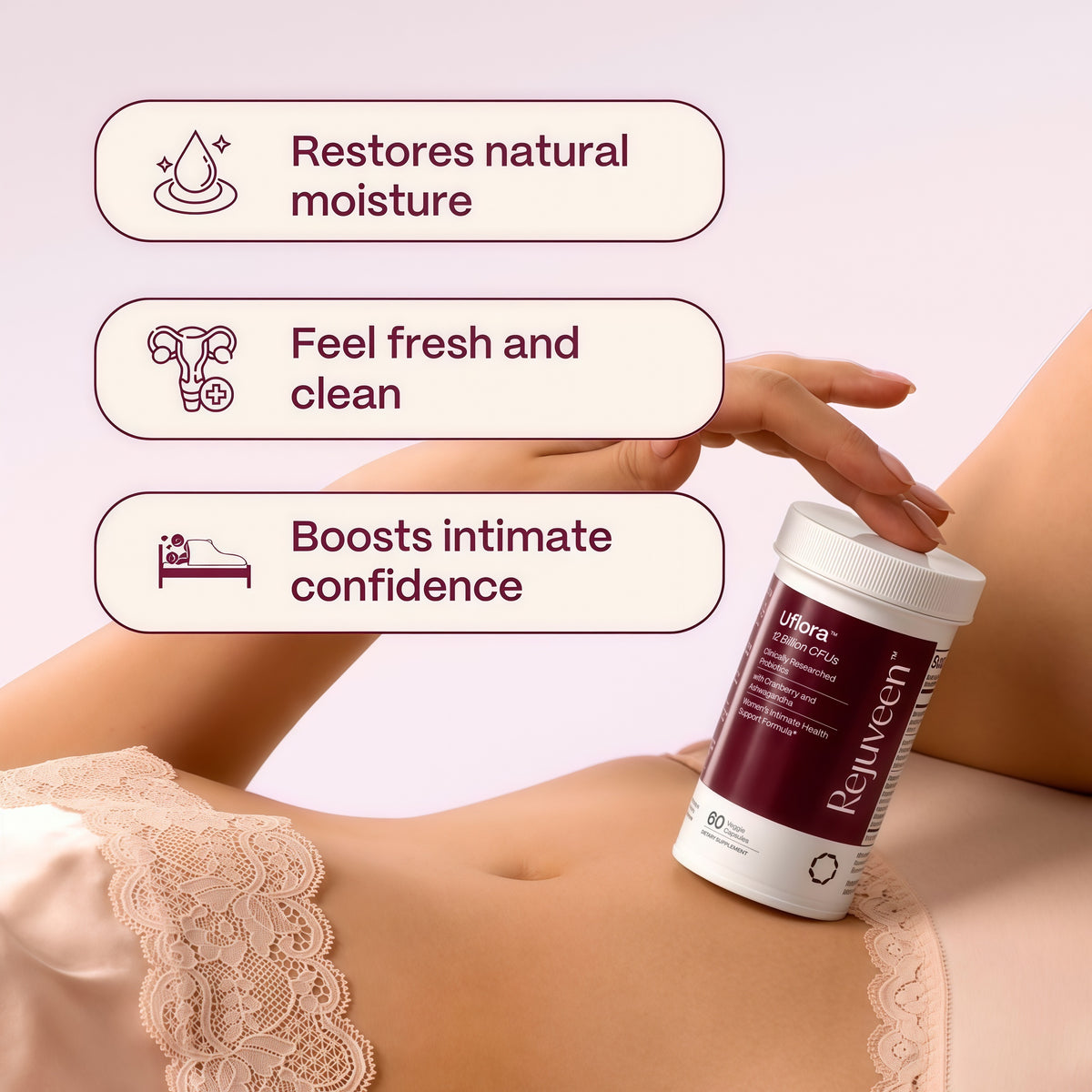 Uflora Vaginal Probiotics | Womens Probiotic, Supports Vaginal Health, Moisture & Yeast | Enhances Intimate Wellness | Clinically Proven Dosages | Probiotics, Cranberry, Ashwagandha | 60 Ct